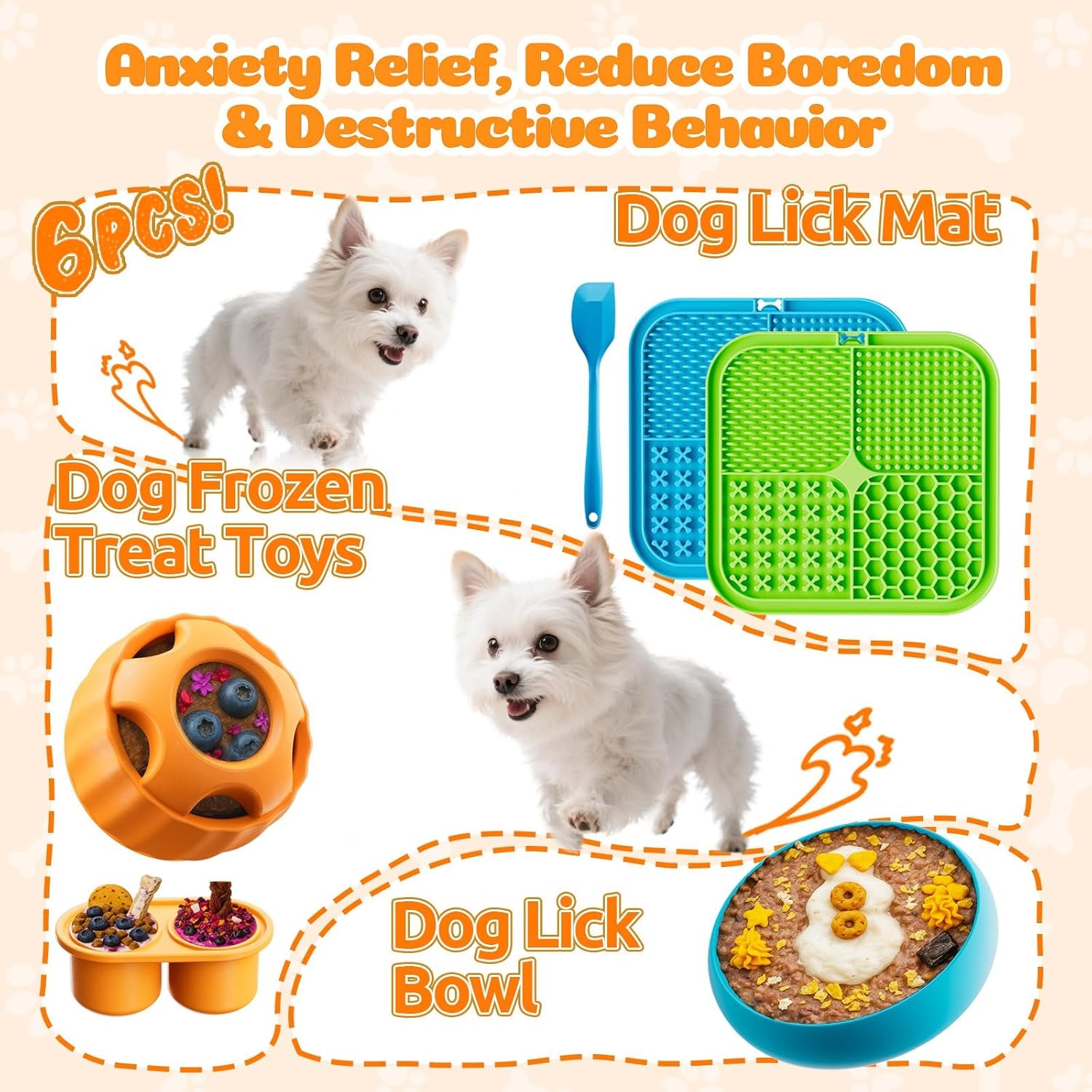 Dog Enrichment Toys 6 Pack - Dog Toys to Keep Them Busy, Lick Mat, Ball & Bowl with Peanut Butter, Frozen Treat Puzzle Dispenser for Anxiety Relief, Reduce Boredom, Perfect for Bathing Grooming